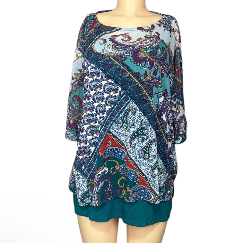 Chico's Top Women's 2X Knit Slinky Half Sleeve Layered ShirtPaisley Print blouse